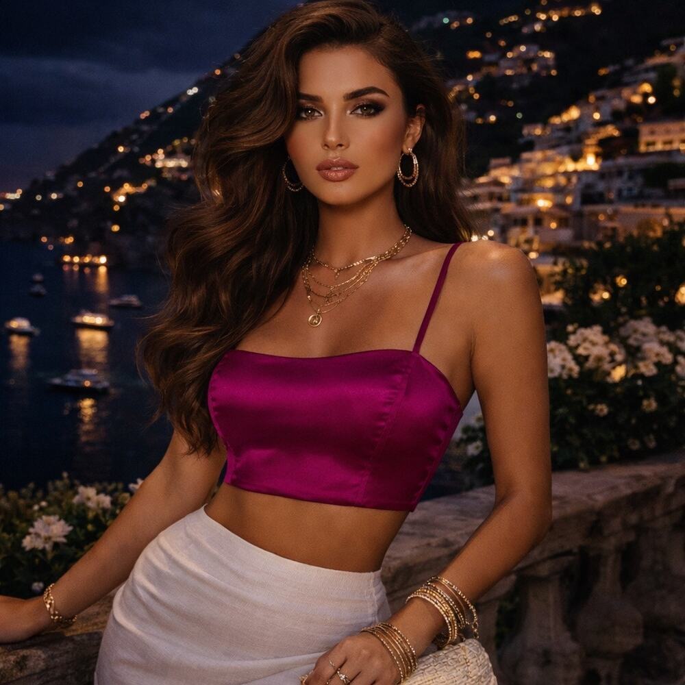 House of Harlow 1960 Magenta Satin Bandeau Crop Top Smocked Back Glam Bustier - Picture 2 of 9